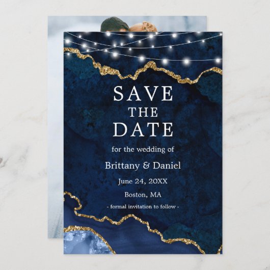 Aquarellblau-Marmor Agate Geode Lights Foto Save The Date (Vorne/Hinten)