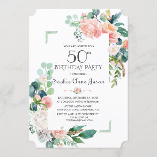 Aquarellblau-Peonies Rahmen 50. Geburtstag Einladung