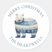 Aquarellblau Polar Bär Frohe Weihnachten Runder Aufkleber (Vorderseite)