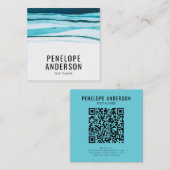 Aquarellblau QR-Code Abstrakte Wavy Lines Quadratische Visitenkarte (Vorne/Hinten)