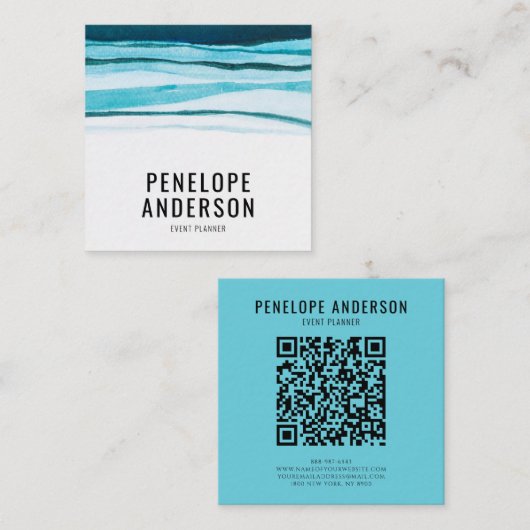 Aquarellblau QR-Code Abstrakte Wavy Lines Quadratische Visitenkarte (Vorne/Hinten)