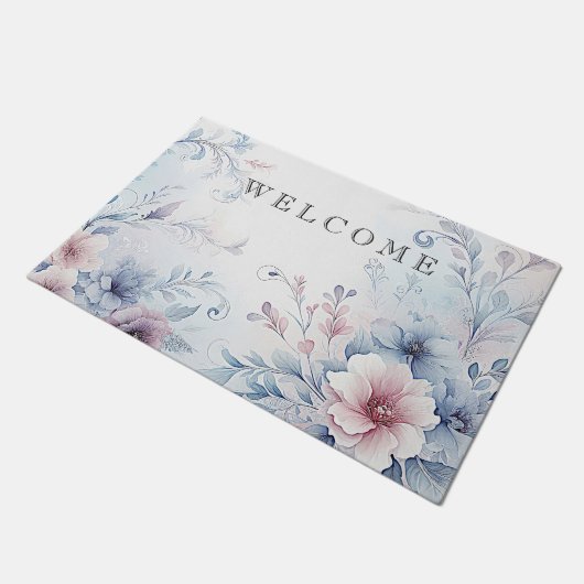 Aquarellblau Rosa Blütenmatte Fußmatte (Schrägansicht)