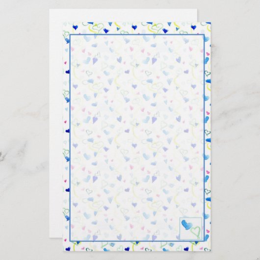 Aquarellblau Rosa Gelbe Herzen Briefpapier (Vorne/Hinten)