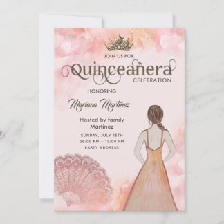 Aquarellblau Rosa Handfächer Tiara Quince Invi Einladung