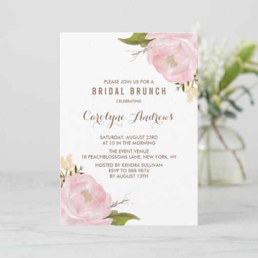 Aquarellblau Rosa Peonies Bridal Brunch Einladung (Stehend Vorderseite)
