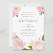 Aquarellblau Rosa Peony Floral Bat Mitzvah Einladung (Vorderseite)