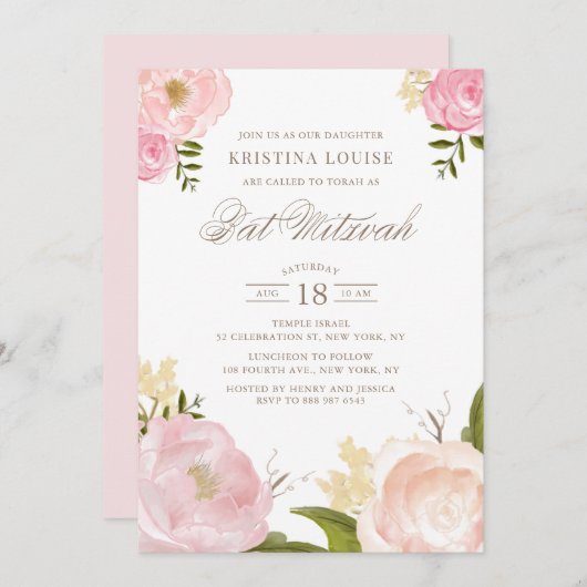 Aquarellblau Rosa Peony Floral Bat Mitzvah Einladung (Vorne/Hinten)