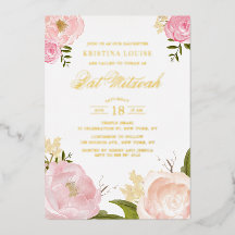 Aquarellblau Rosa Peony Floral Bat Mitzvah
