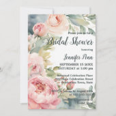 Aquarellblau Rosa Peonys Rahmen Brautparty Einladung (Vorderseite)