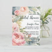 Aquarellblau Rosa Peonys Rahmen Brautparty Einladung (Stehend Vorderseite)