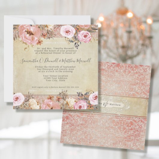 Aquarellblau Rosa Vintage französische Spitze Einladung