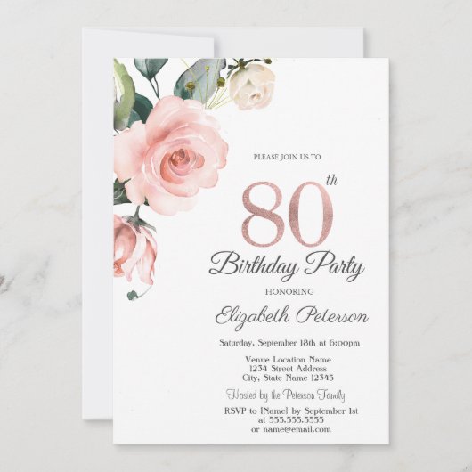 Aquarellblau Rose 80. Geburtstag Einladung (Vorderseite)