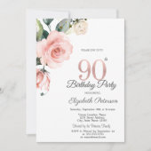 Aquarellblau Rose 90. Geburtstag Einladung (Vorderseite)