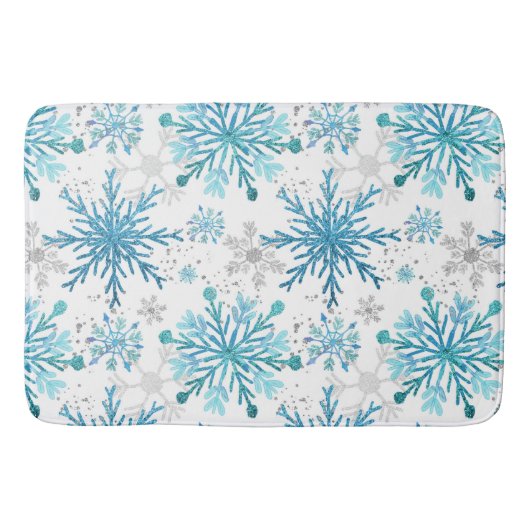 Aquarellblau & Silberner Glitzer Winterschneeflock Badematte (Vorderseite)