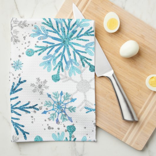 Aquarellblau & Silberner Glitzer Winterschneeflock Geschirrtuch (Viertel Falte)