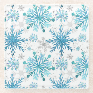 Aquarellblau & Silberner Glitzer Winterschneeflock Glasuntersetzer