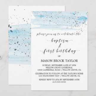 Aquarellblau & Silbertaufe & 1. Geburtstag Einladung
