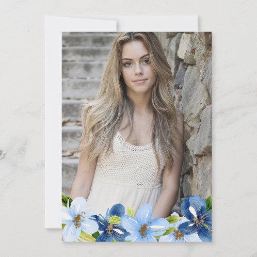 Aquarellblau Sommer-Blume Abschluss Einladung (Rückseite)