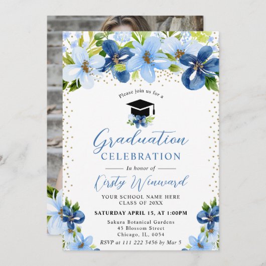 Aquarellblau Sommer-Blume Abschluss Einladung (Vorne/Hinten)