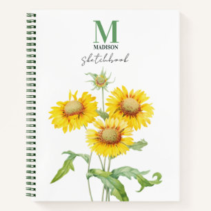 Aquarellblau-Sonnenblumen-Grünes Monogram-Sketchbo Notizblock