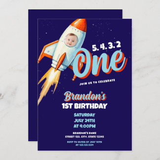 Aquarellblau & Space Rocket Foto 1. Geburtstag Einladung