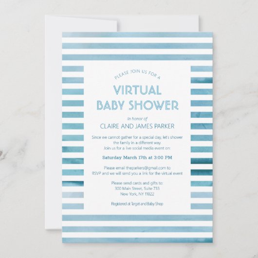 Aquarellblau Streifen Virtual Baby Dusche Einladung (Vorderseite)
