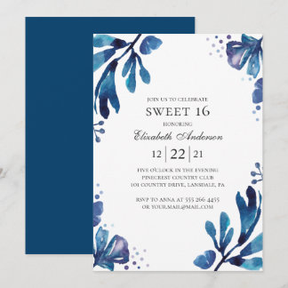 Aquarellblau Süß 16. 16. Blumengeburt Einladung