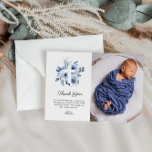 Aquarellblau Taufe Foto Dankeschön Karte<br><div class="desc">Aquarellblau florale Taufe danke Ihnen Foto-Karte Design. Text und Wortlaut können zusammen mit anderen Merkmalen dieses Designs angepasst werden.</div>