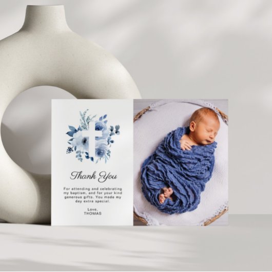 Aquarellblau Taufe Foto Dankeschön Karte