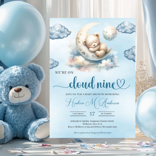 Aquarellblau-Teddybär-Wolke neun laden ein Einladung
