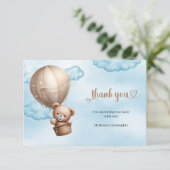 Aquarellblau und braun Teddyballon Dankeskarte (Stehend Vorderseite)