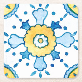 Aquarellblau und gelb marokkanisches Fliesenmuster Rechteckiger Pappuntersetzer