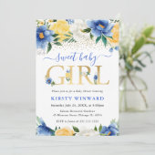 Aquarellblau und gelbe Blumen Babydusche Einladung (Stehend Vorderseite)