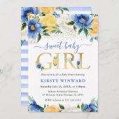 Aquarellblau und gelbe Blumen Babydusche Einladung (Vorne/Hinten)