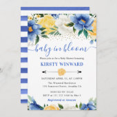 Aquarellblau und gelbe Blumen Babydusche Einladung (Vorne/Hinten)