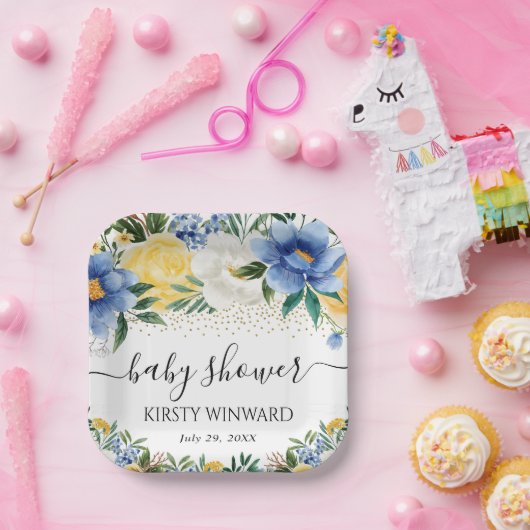 Aquarellblau und gelbe Blumen Babydusche Pappteller (Party)