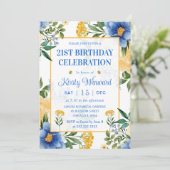 Aquarellblau und gelbe Blumen Geburtstag Einladung (Stehend Vorderseite)