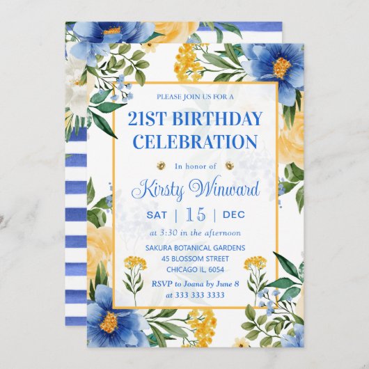 Aquarellblau und gelbe Blumen Geburtstag Einladung (Vorne/Hinten)