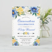 Aquarellblau und gelbe Blumen Quinceanera Einladung (Stehend Vorderseite)