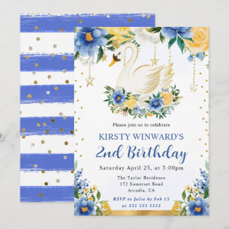 Aquarellblau und gelbe Blumen Schwan Geburtstag Einladung