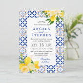 Aquarellblau und gelbe Lemonen Rahmen Hochzeit Einladung (Stehend Vorderseite)