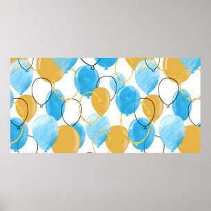 Aquarellblau und glitzernde Goldballons nahtlos Poster