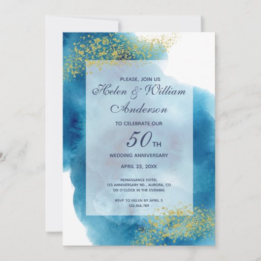 Aquarellblau und Gold 50. Hochzeitstag Einladung (Vorderseite)