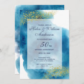 Aquarellblau und Gold 50. Hochzeitstag Einladung (Vorne/Hinten)