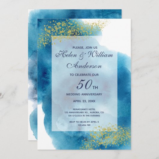 Aquarellblau und Gold 50. Hochzeitstag Einladung (Vorne/Hinten)