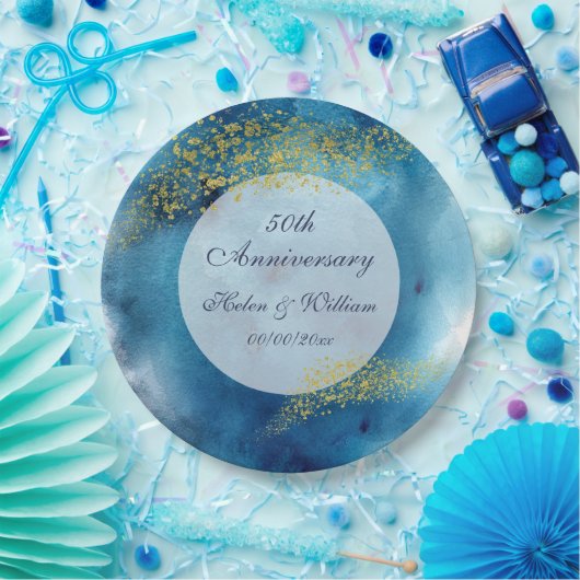 Aquarellblau und Gold 50. Hochzeitstag Pappteller (Party)