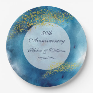 Aquarellblau und Gold 50. Hochzeitstag Pappteller