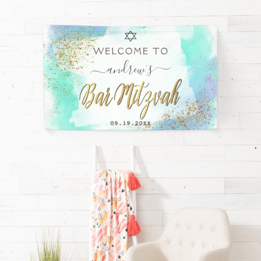 Aquarellblau und Gold Bar Mitzvah Willkommen Banner (Insitu)