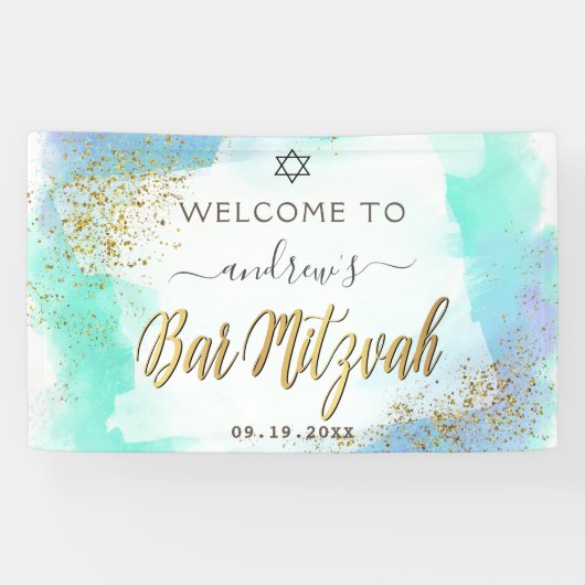 Aquarellblau und Gold Bar Mitzvah Willkommen Banner (Horizontal)