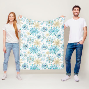 Aquarellblau und Gold Glitzer Winterschneeflocken Fleecedecke